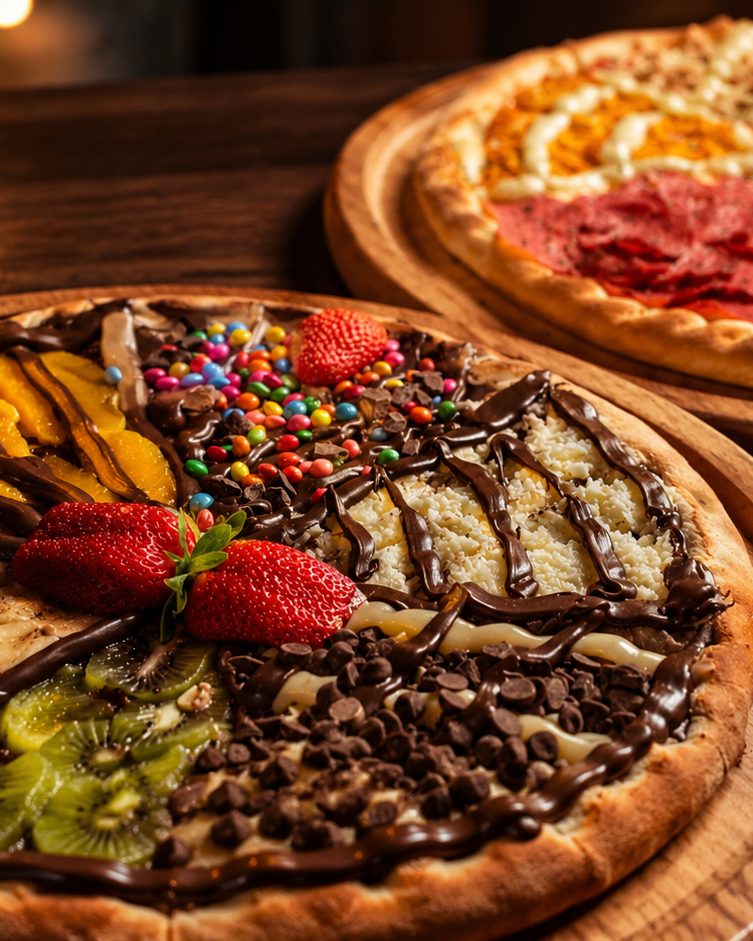 Pizzas do Fornão — a doce e a salgada — servidas no calor da casa